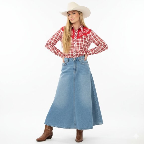 POLO JEANS COMPANY RALPH LAUREN VINTAGE Collectable Denim Maxi Circle Skirt - Picture 2 of 10